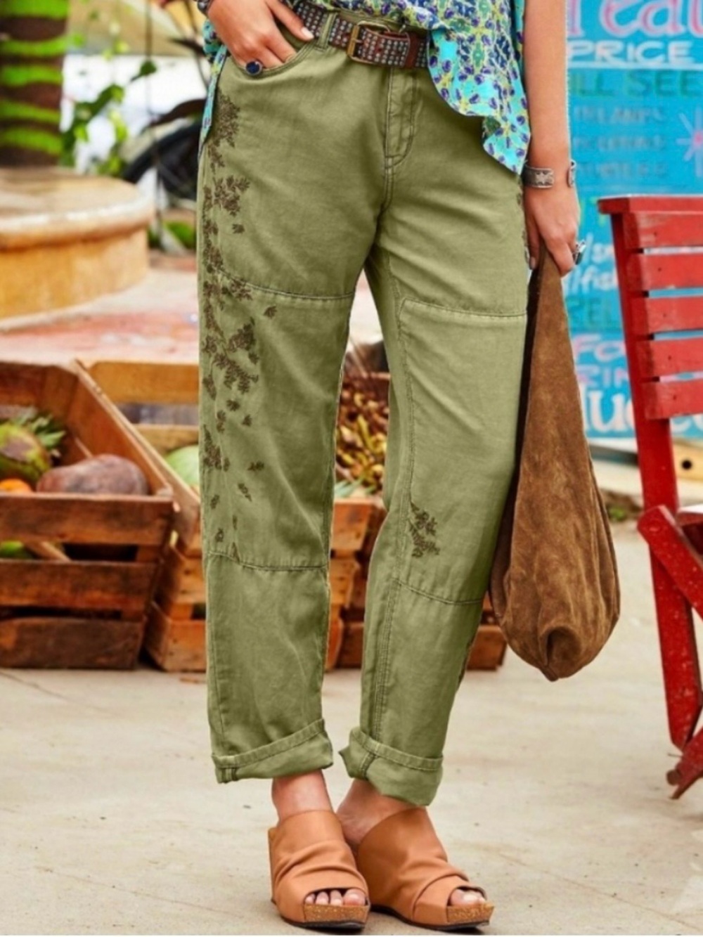 SUNDANCE Charlize Everyday Green Linen Blend Embroidered Pants Size 6 Boho